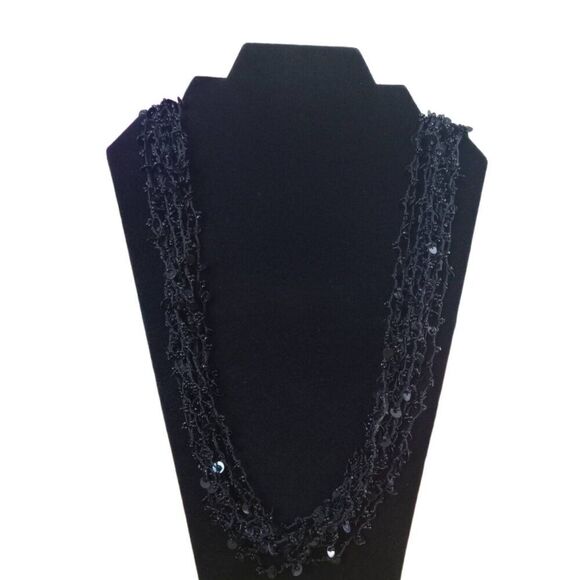 Black Sequins and Seed Beaded Adjustable Multi Strand Layered Statement Necklace - Picture 1 of 10